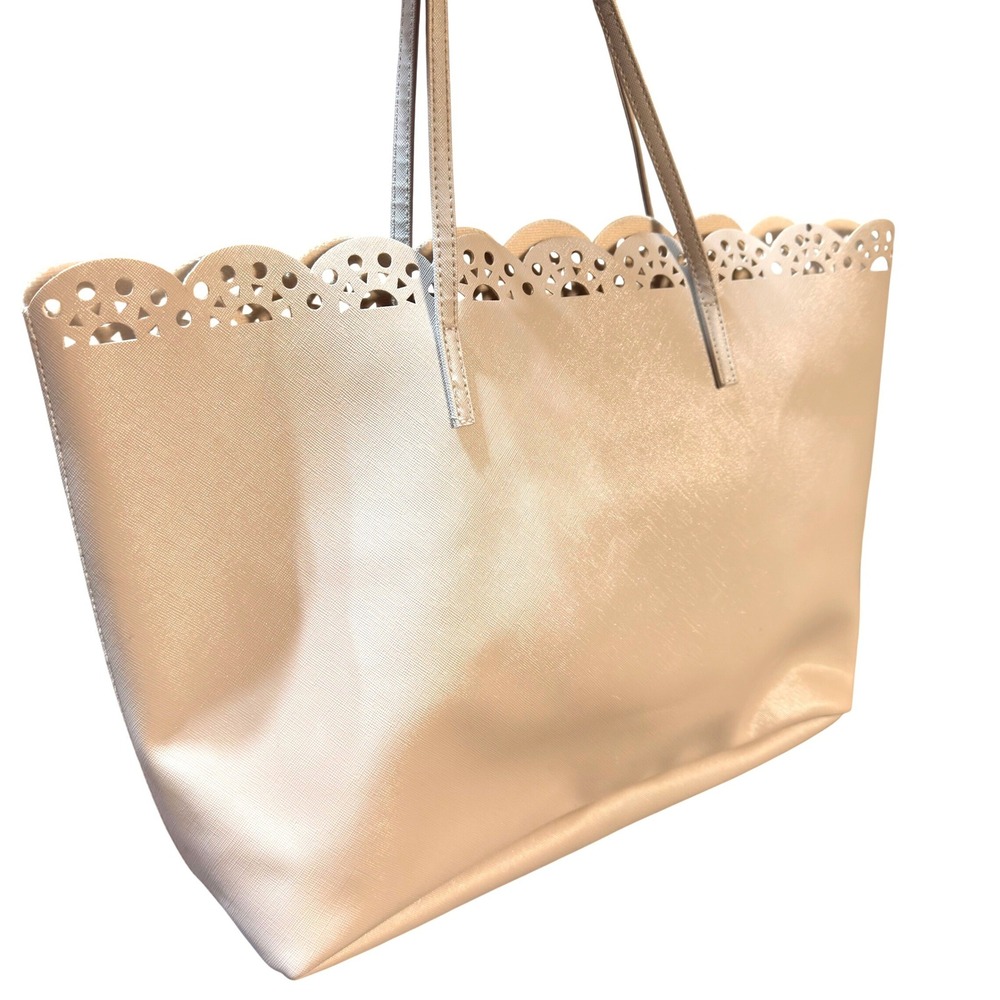 Macy's Tote Bag Women Large Beige Faux Leather Scalloped Laser Cut Minimalist